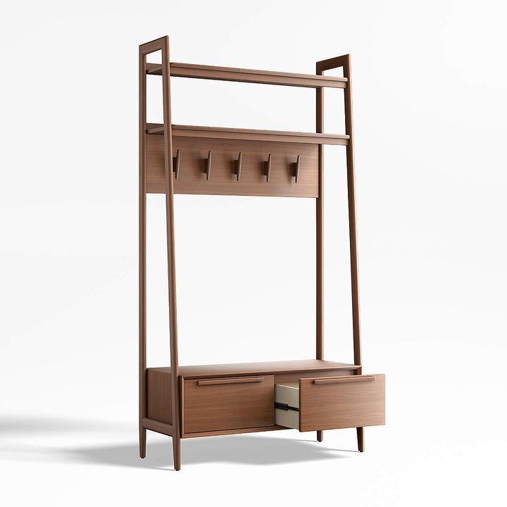 Tate Walnut Wood Hall Tree with Bench and Shoe Storage