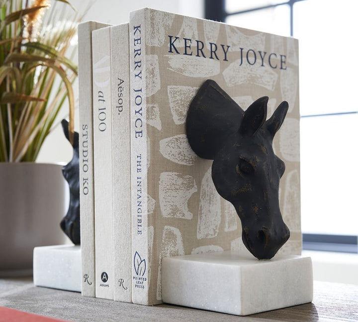 BRONZE HORSE AND MARBLE BOOKENDS