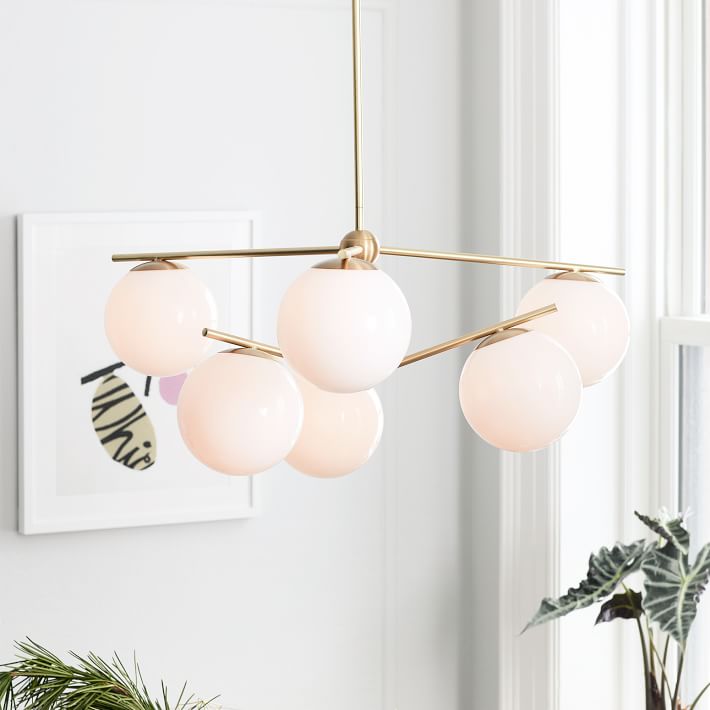 Sphere and Stem 6 Light Chandelier Antique Brass Milk Glass