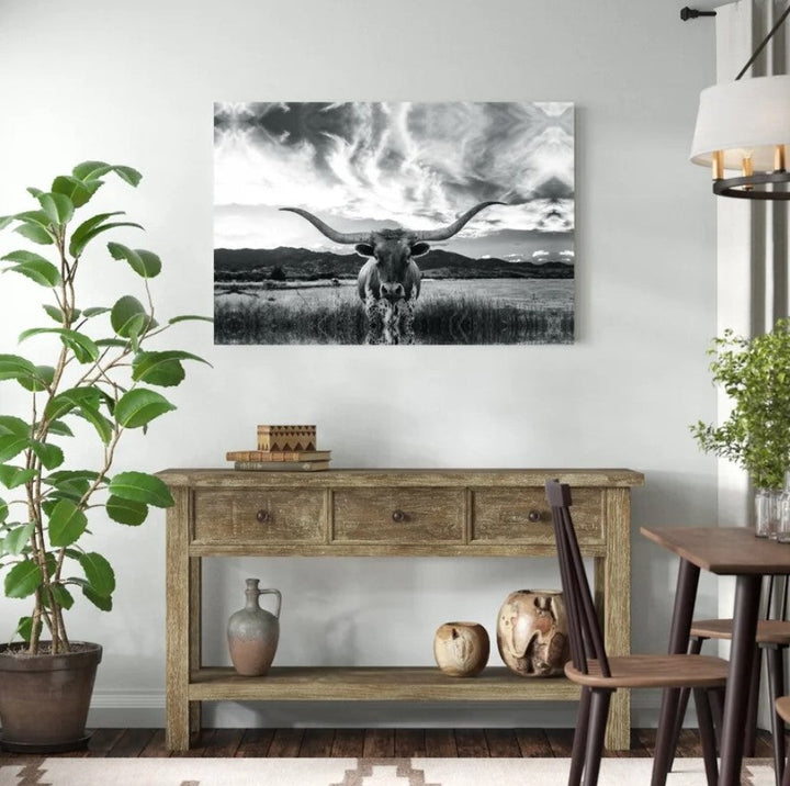 Black And White Longhorn Cow I Wrapped Canvas Photograph