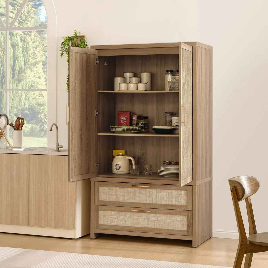 Bohemian Inspired Rattan Armoire With Adjustable Shelves