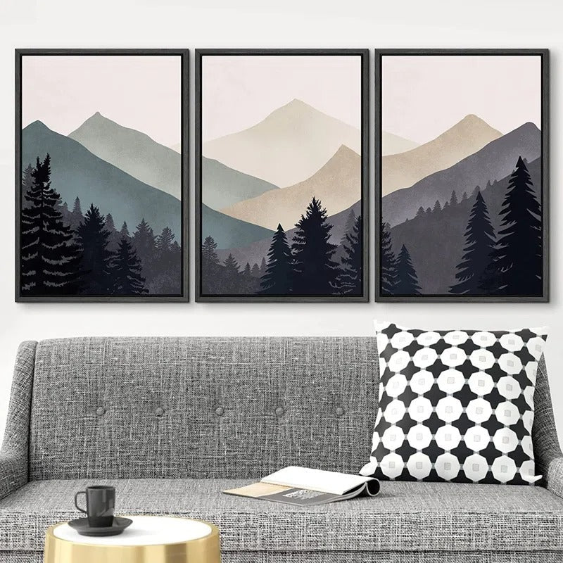 Blue Gray Duotone Mountain Forest Abstract 36X72