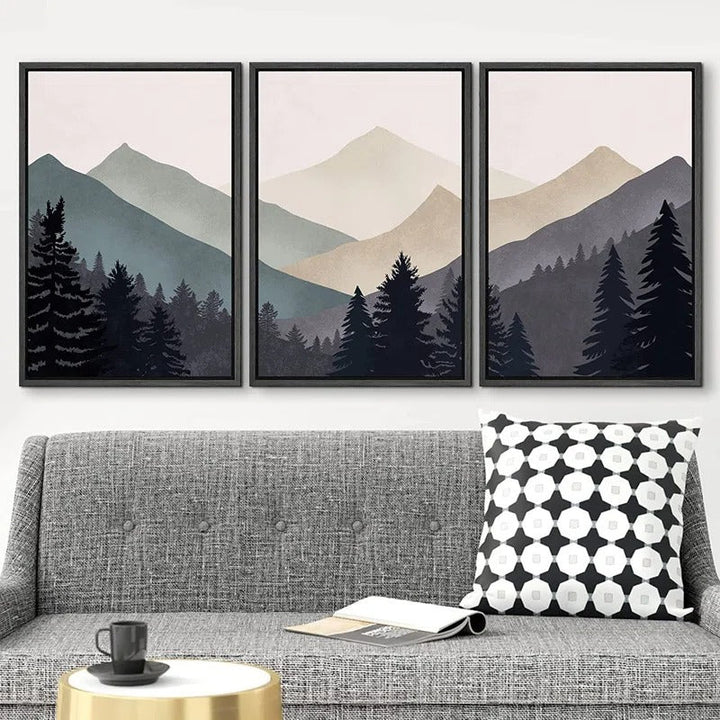Blue Gray Duotone Mountain Forest Abstract 36X72