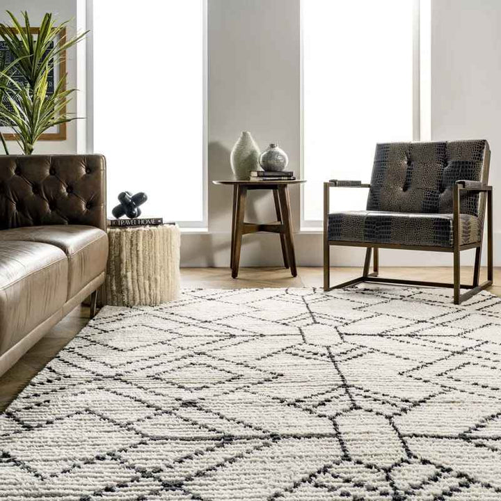 Nola Geometric Textured Shag Power Loom Performance Beige Rug-6'7"x9'2"