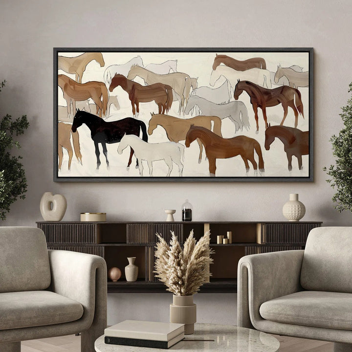 Abstract Illustration of Horses in Neutral Tones Modern Art 60x30