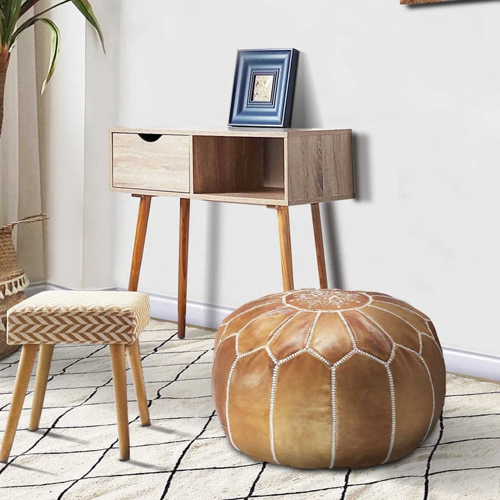 Genuine Leather Round Floral Pouf Ottoman