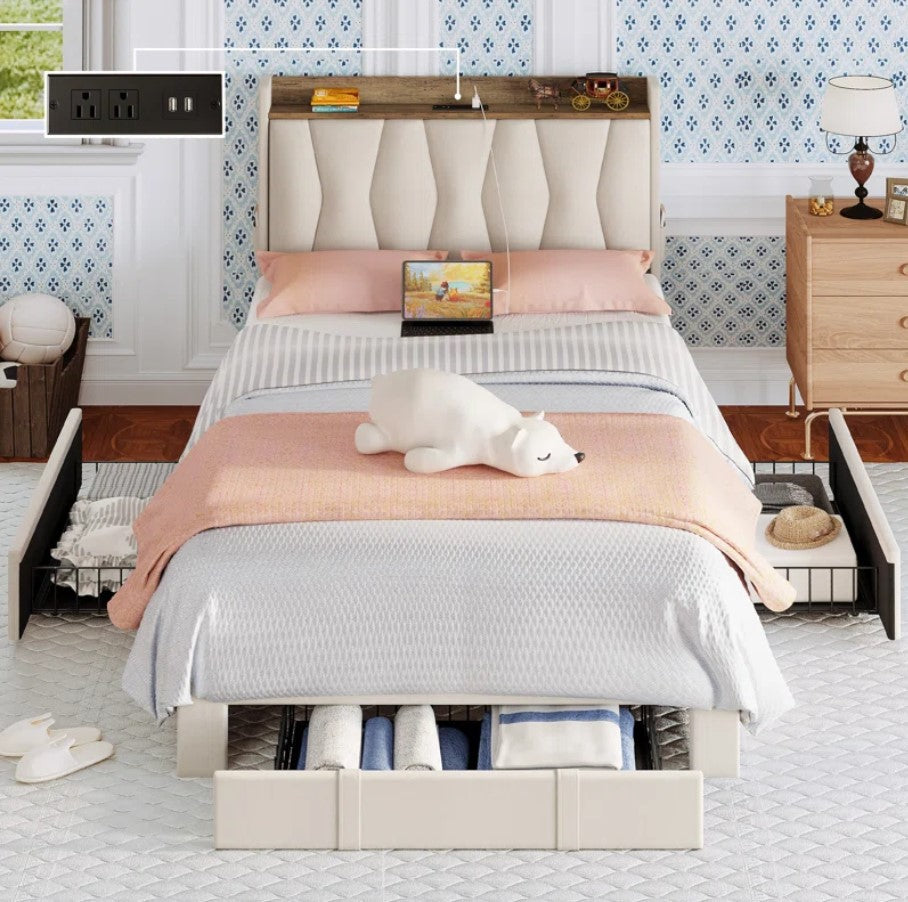 Upholstered Bed Frame with 3 Drawers_Twin