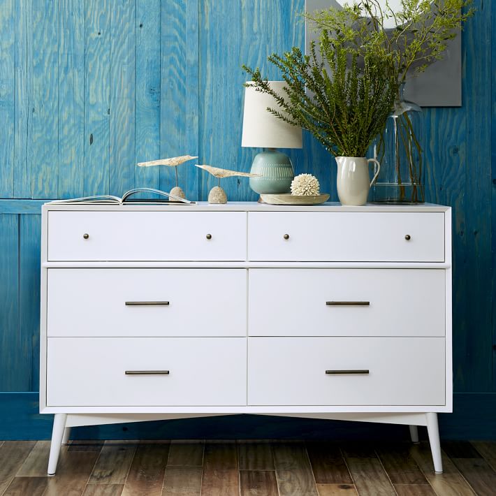 Mid Century 6 Drawer Dresser White