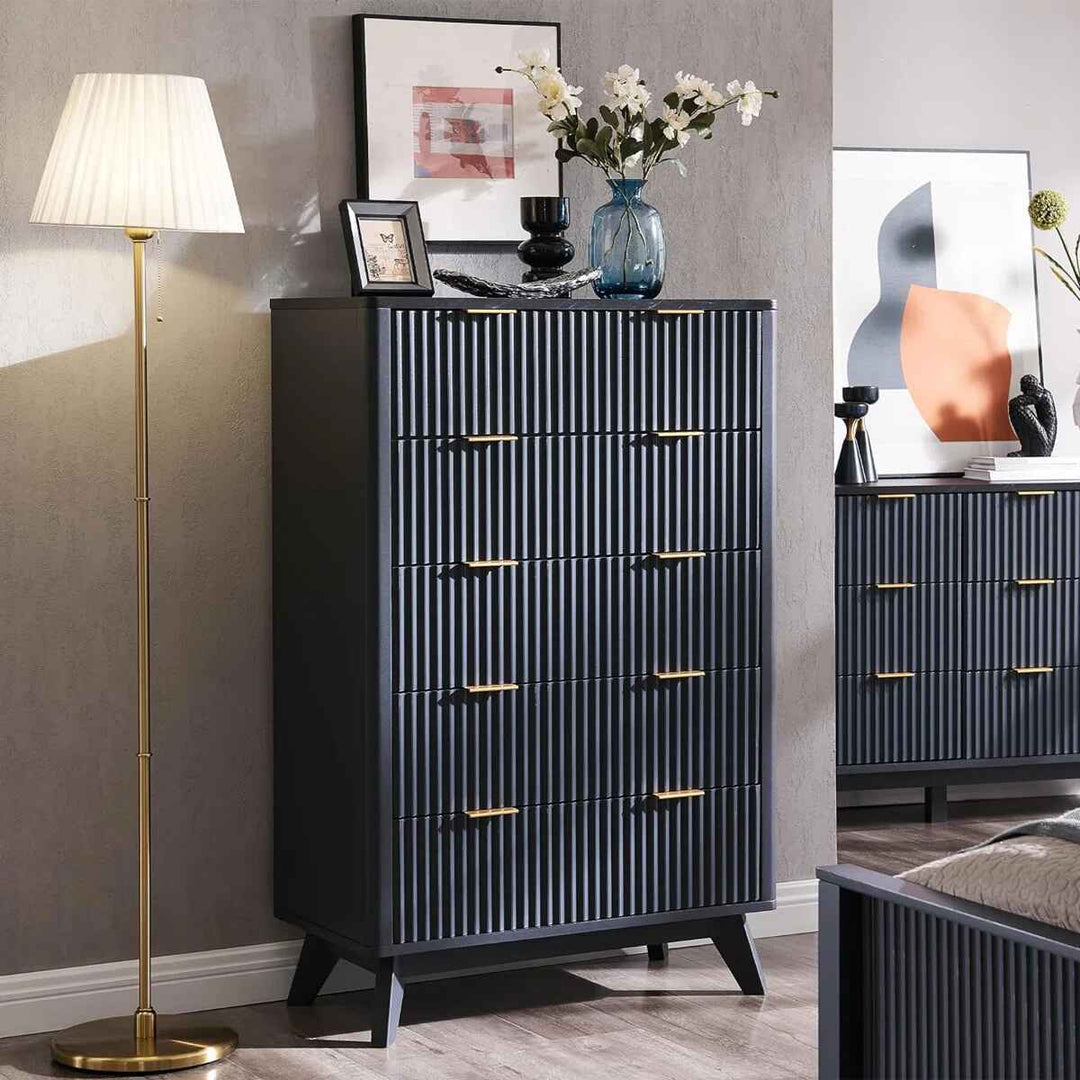 Siyuan Fluted Design 5 Drawers Dresser Organizer Wood Tall Chest of Drawers