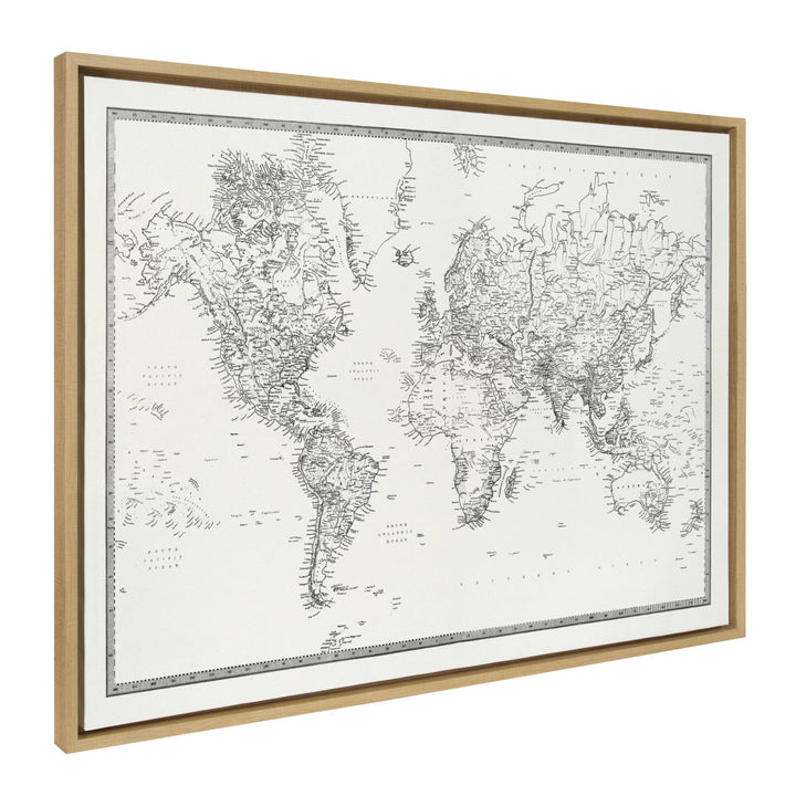 Vintage Black And White World Map BW FLINEN With Frame-28"x38"