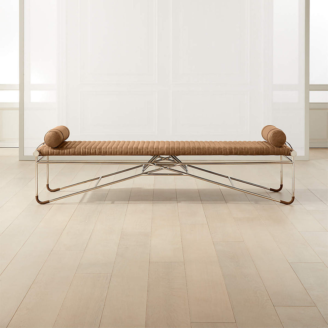 LA STRIZZA 75" SADDLE LEATHER BENCH WITH BOLSTER PILLOWS