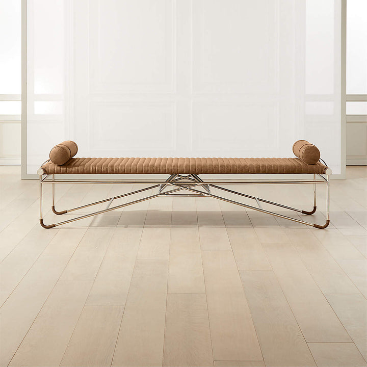 LA STRIZZA 75" SADDLE LEATHER BENCH WITH BOLSTER PILLOWS