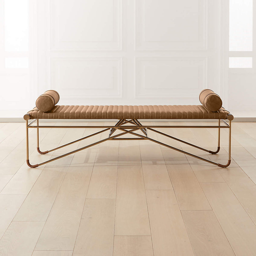 LA STRIZZA 61" SADDLE LEATHER BENCH WITH BOLSTER PILLOWS