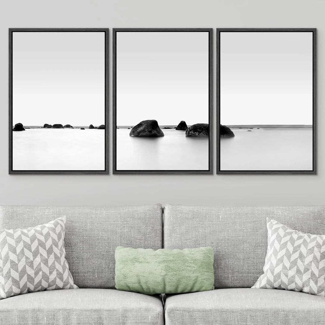 Framed Canvas Print Wall Art Set Black and White Rocky Lake Zen Seascape 3