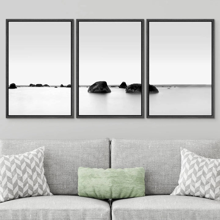 Framed Canvas Print Wall Art Set Black and White Rocky Lake Zen Seascape 3