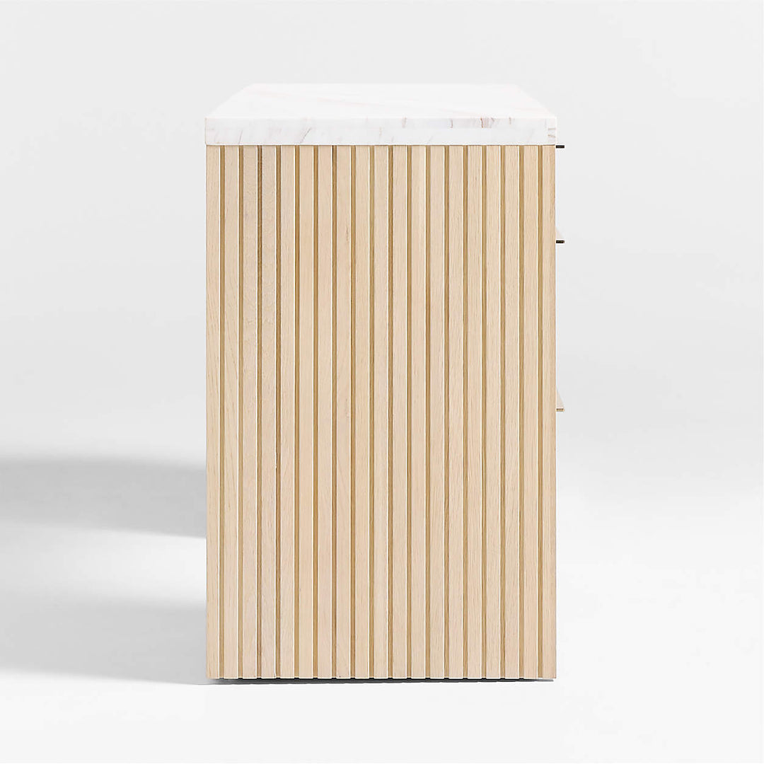 Batten Natural Oak Wood Console Desk with White Marble Top