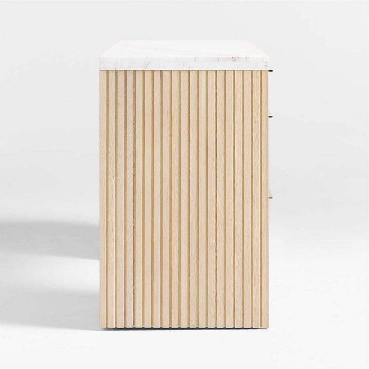 Batten Natural Oak Wood Console Desk with White Marble Top