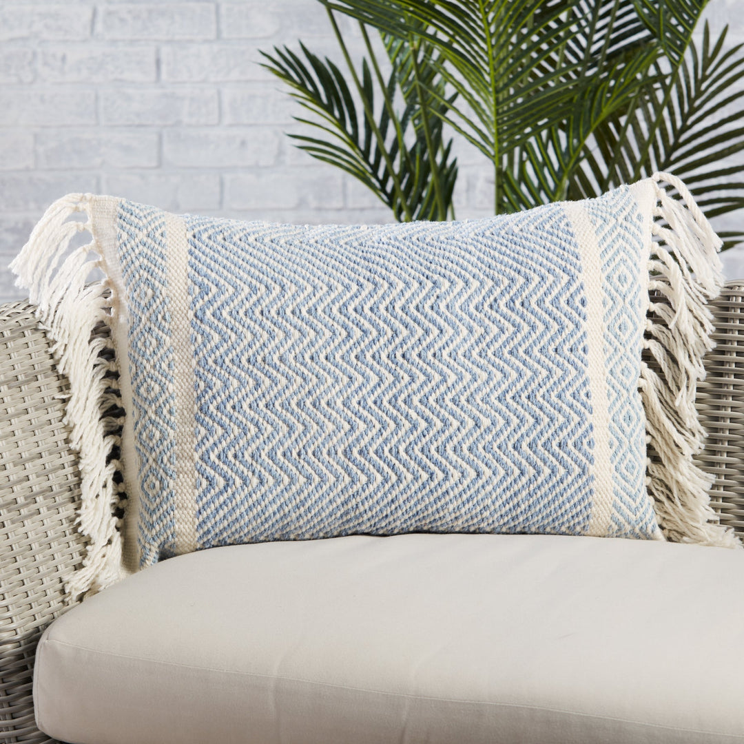 Iker Indoor Outdoor Light Blue Ivory Pillow With Insert-24"x16"