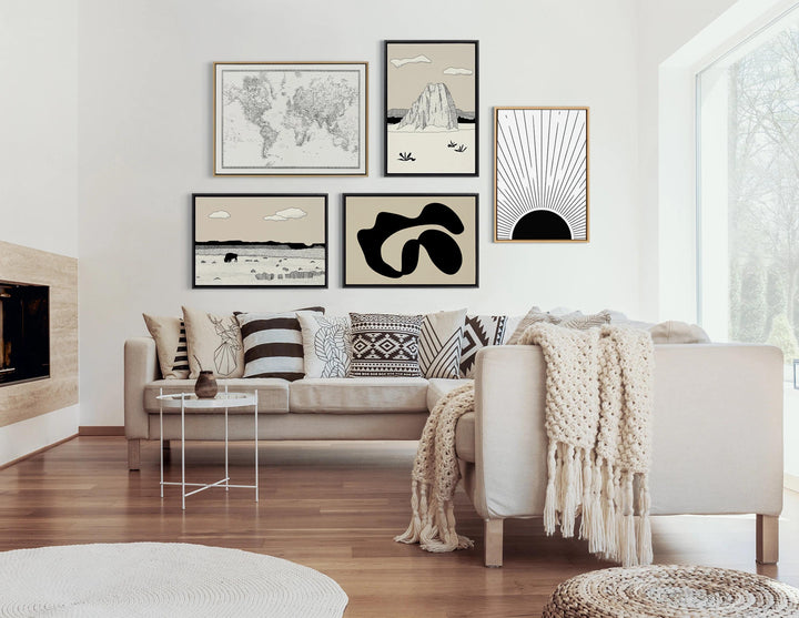 Vintage Black And White World Map BW FLINEN With Frame-28"x38"