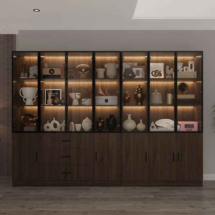 Glass Doors Display Case Curio Cabinet With Drawers