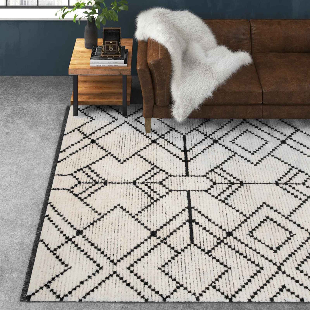 Nola Geometric Textured Shag Power Loom Performance Beige Rug-6'7"x9'2"