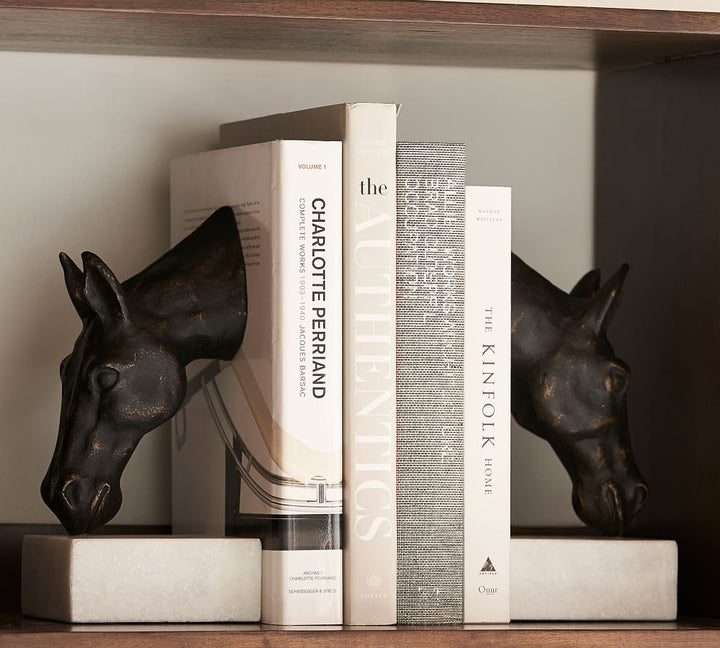 BRONZE HORSE AND MARBLE BOOKENDS