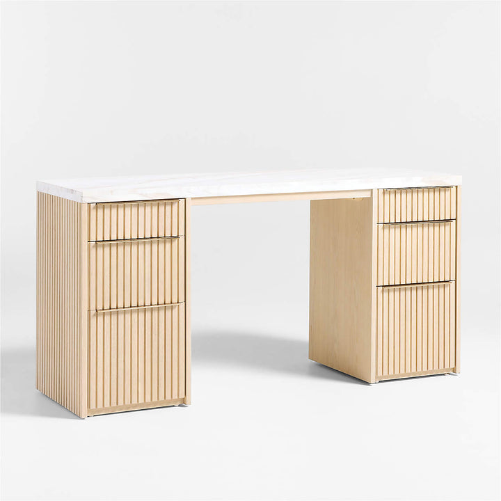 Batten Natural Oak Wood Console Desk with White Marble Top