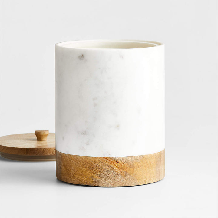 Large White Marble Canister with Wood Lid-Large