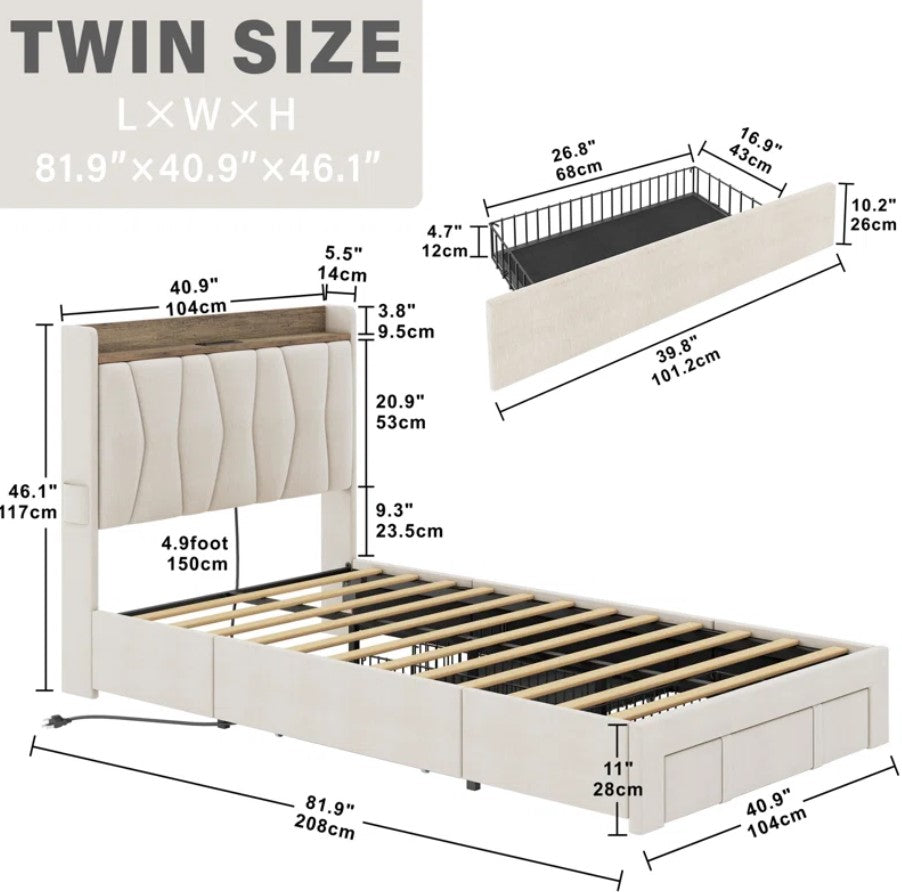 Upholstered Bed Frame with 3 Drawers_Twin