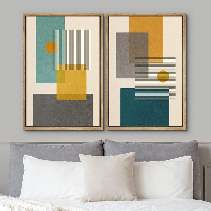 Mid-Century Green And Yellow Polygon Collage Abstract Shapes Modern 2 Pieces on Canvas