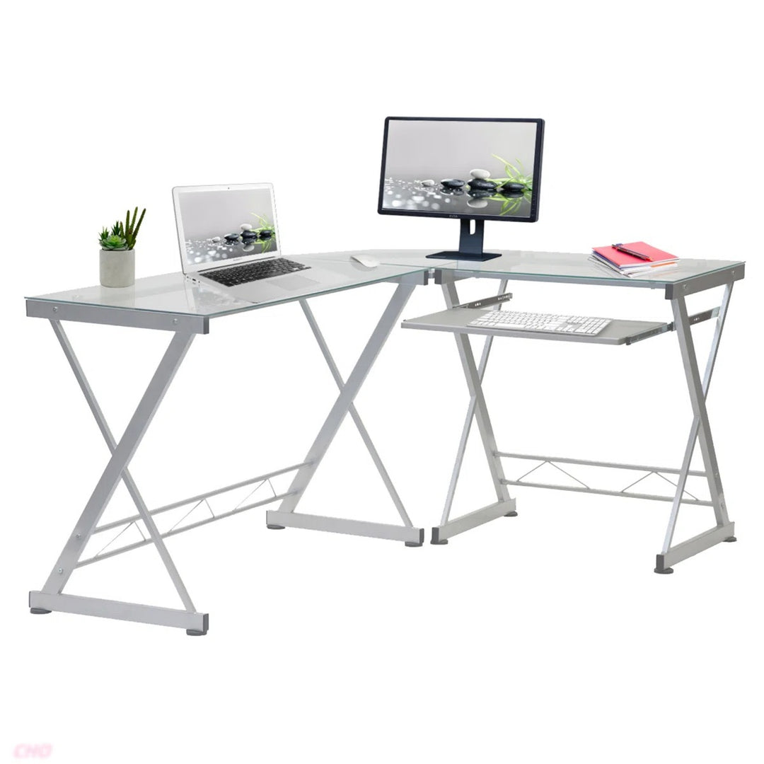 Techni Mobili L Shaped Tempered Glass Top Computer Desk