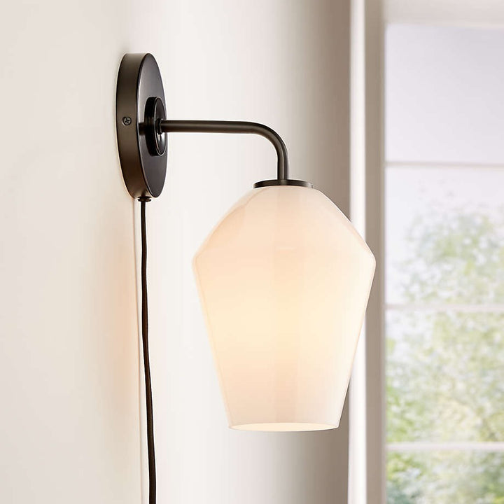 Arren Brass Plug In Wall Sconce Light with Milk Angled Shade