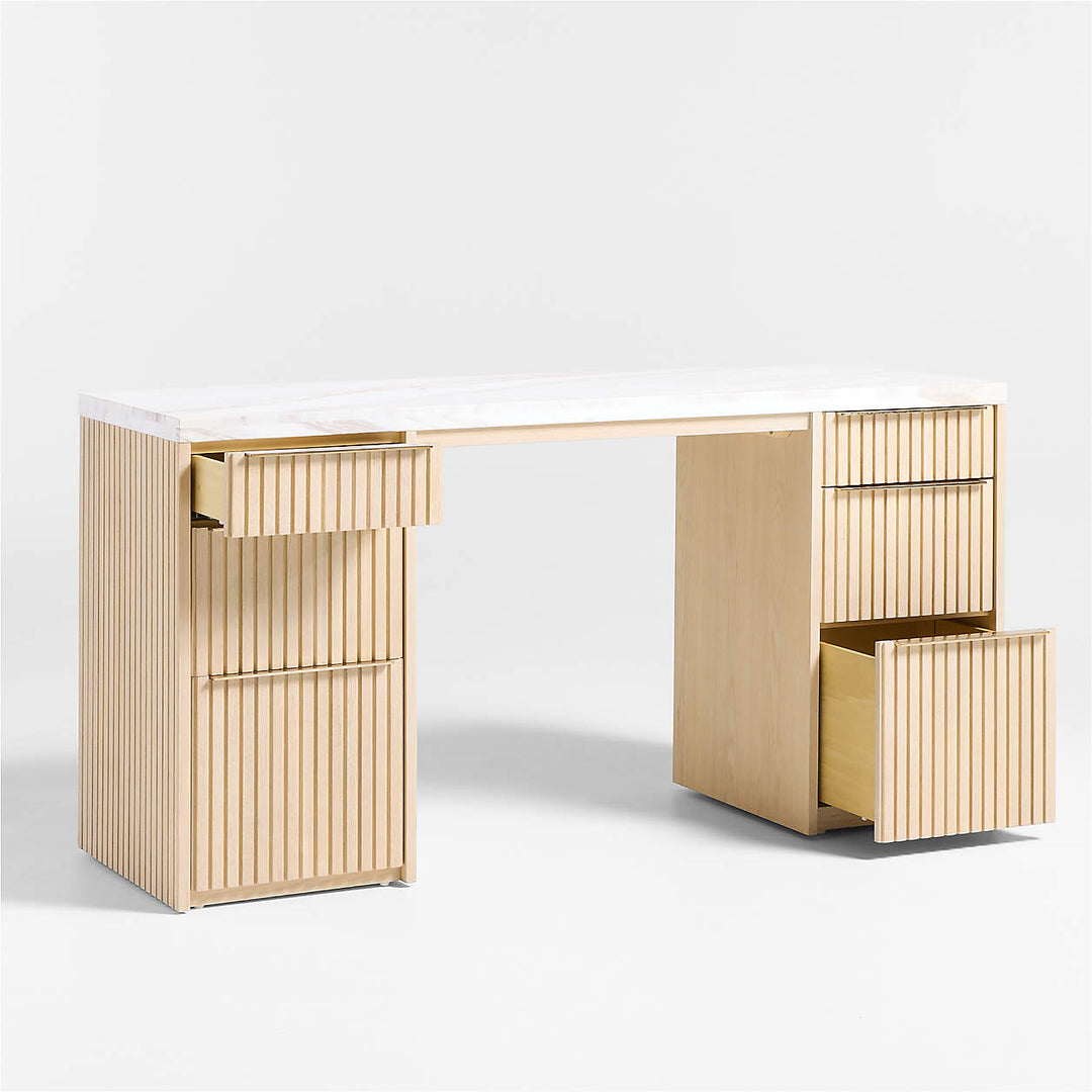 Batten Natural Oak Wood Console Desk with White Marble Top