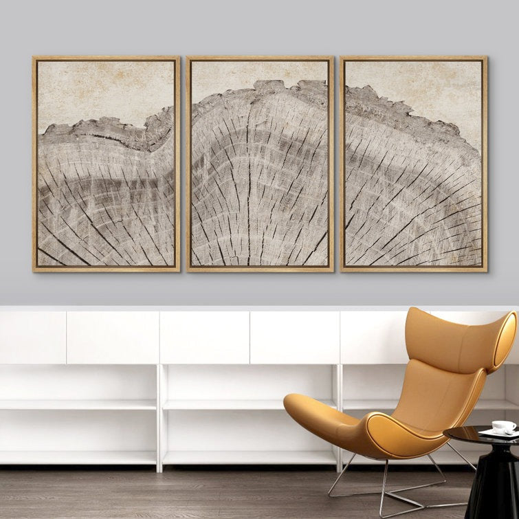 Tree Ring Rustic Oak Wood Farmhouse Decor Neutral Modern Organic Framed Canvas 3 Piece Print Art