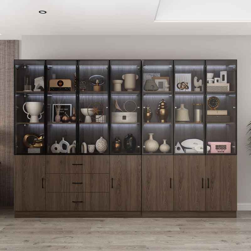 Glass Doors Display Case Curio Cabinet With Drawers