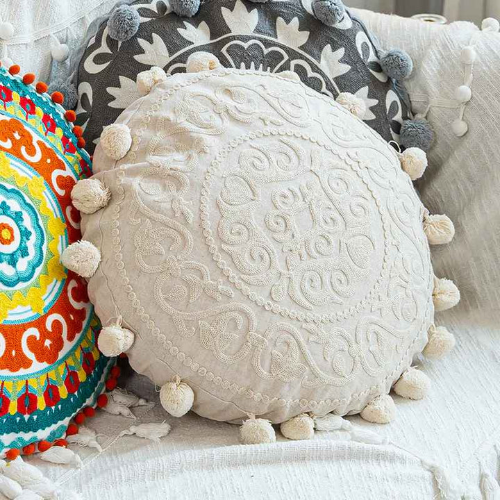 Global Artisan Handmade Boho Round Tassel Throw Pillows