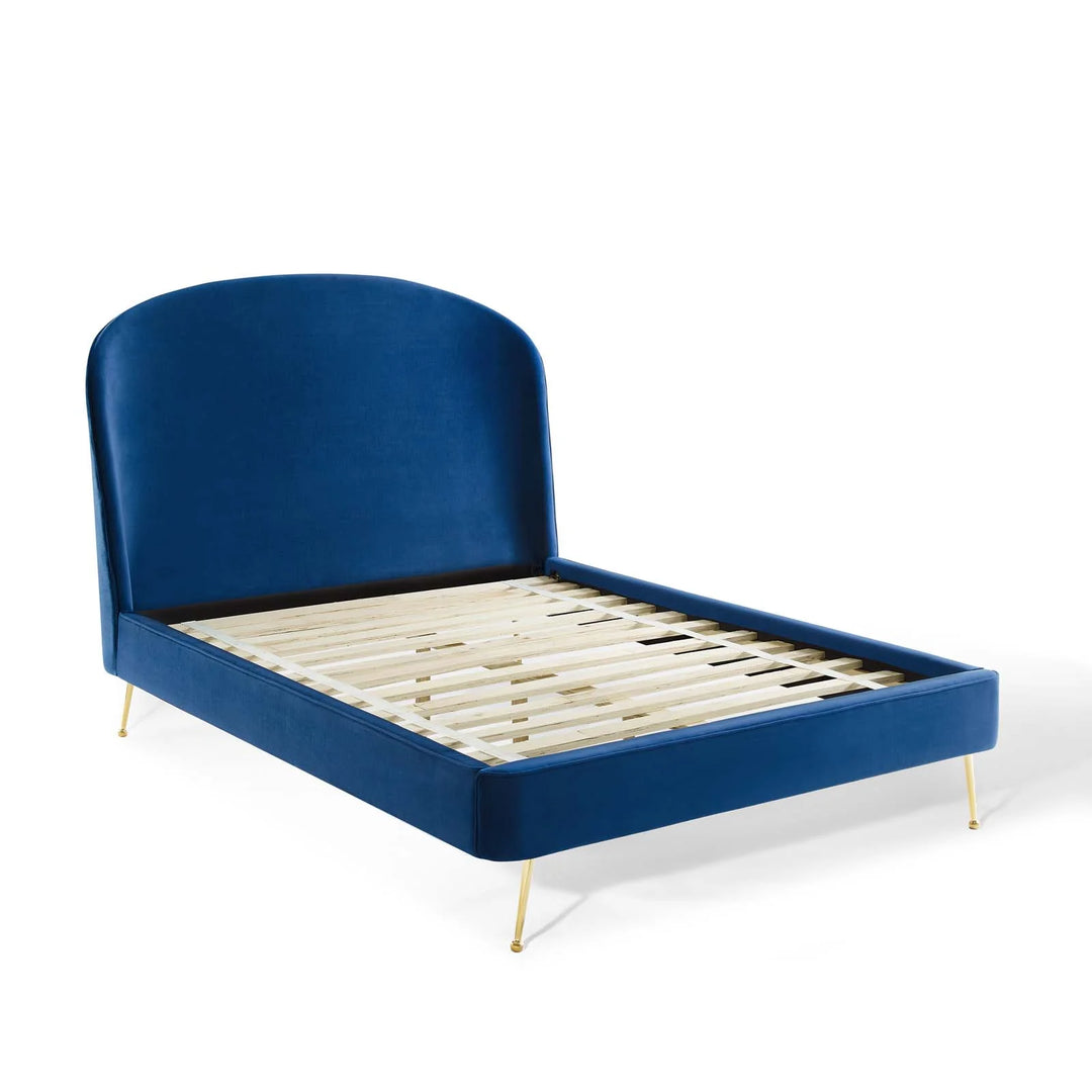 Rima Blue Velvet Platform Bed - Queen