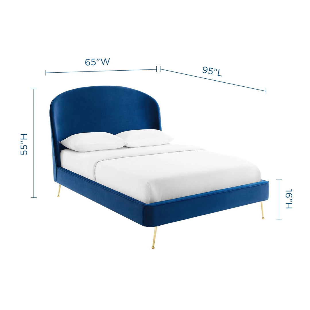 Rima Blue Velvet Platform Bed - Queen