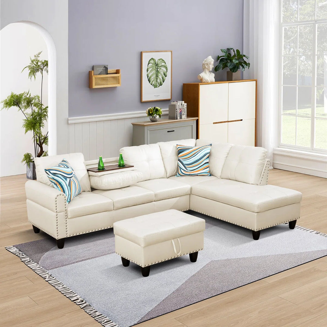 97.5" 3-Pieces Faux Leather Sectional With Storage Ottoman, Cupholders