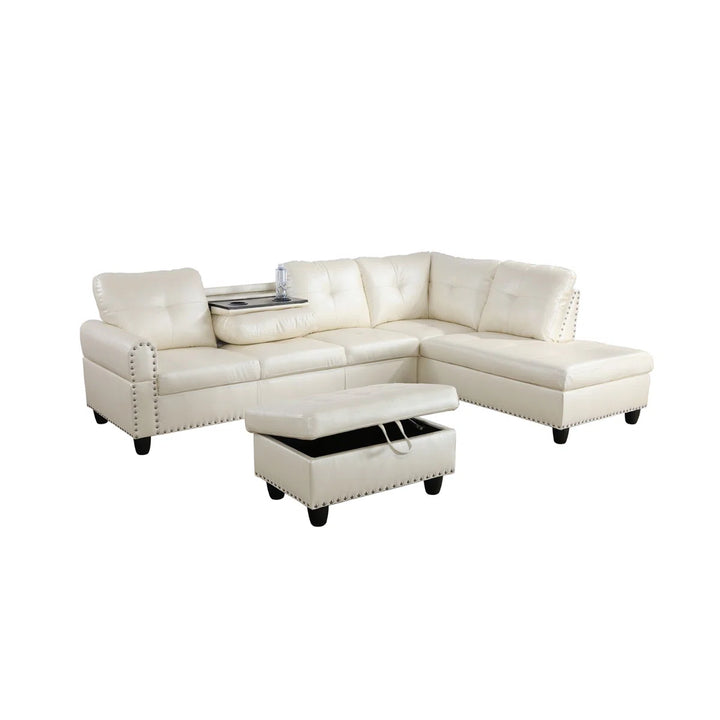 97.5" 3-Pieces Faux Leather Sectional With Storage Ottoman, Cupholders