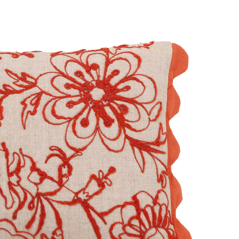 Motif Embroidered Orange Cotton Pillow - 20" x 12"