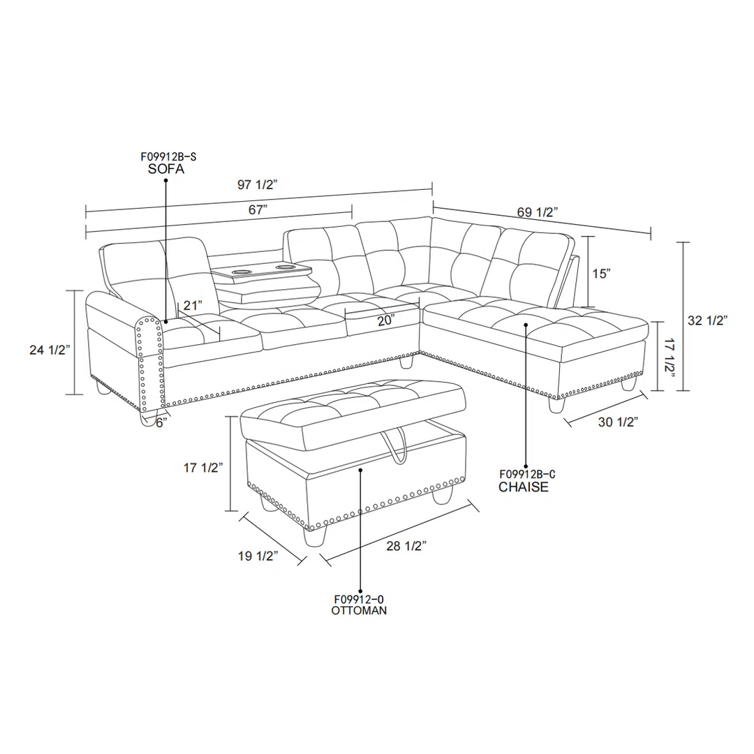 97.5" 3-Pieces Faux Leather Sectional With Storage Ottoman, Cupholders