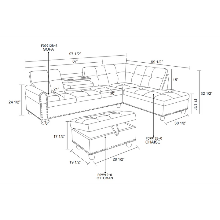 97.5" 3-Pieces Faux Leather Sectional With Storage Ottoman, Cupholders