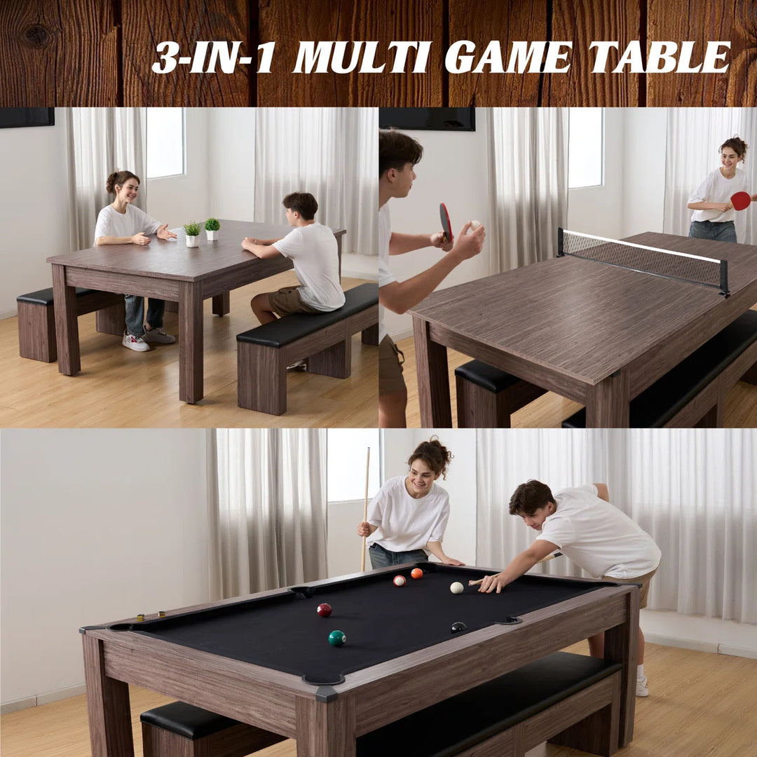 Barrington Billiards Monteray 3-in-1 Combination Table includes 7’ Billiard Table, Table Tennis and Dining Top with Game Accessories & Rolling Storage Caddy