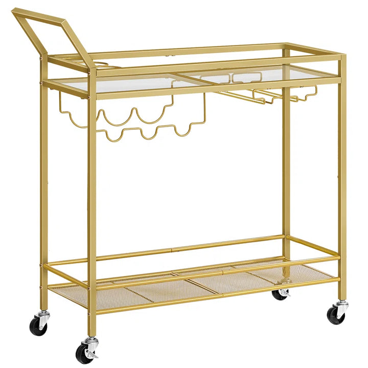 2-Tier Bar Cart Serving Cart Kitchen Cart with Wine Rack and Glass Holder