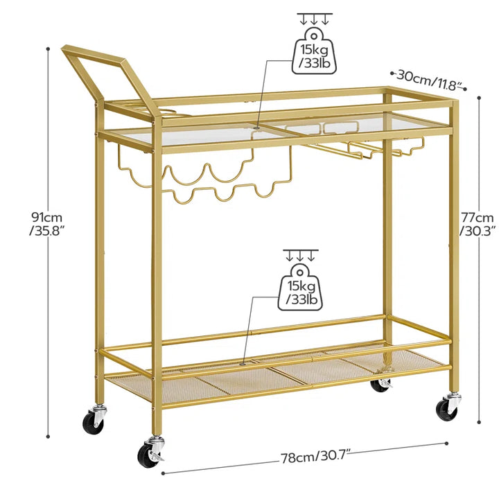 2-Tier Bar Cart Serving Cart Kitchen Cart with Wine Rack and Glass Holder