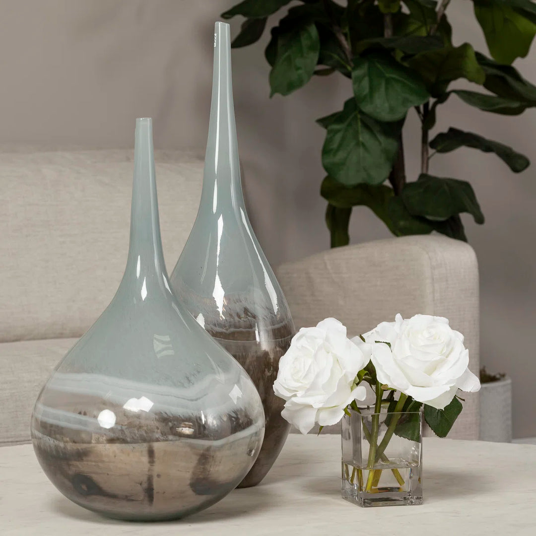 21" Blue Gray and Taupe Handblown Spun Glass Vase