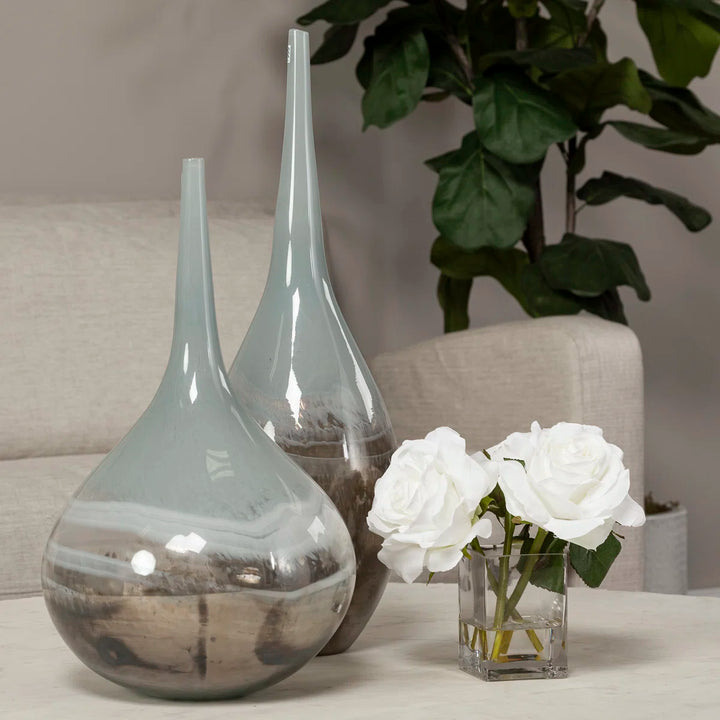 21" Blue Gray and Taupe Handblown Spun Glass Vase