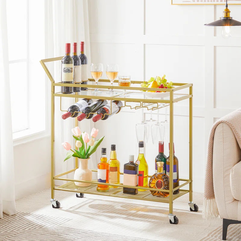 2-Tier Bar Cart Serving Cart Kitchen Cart with Wine Rack and Glass Holder