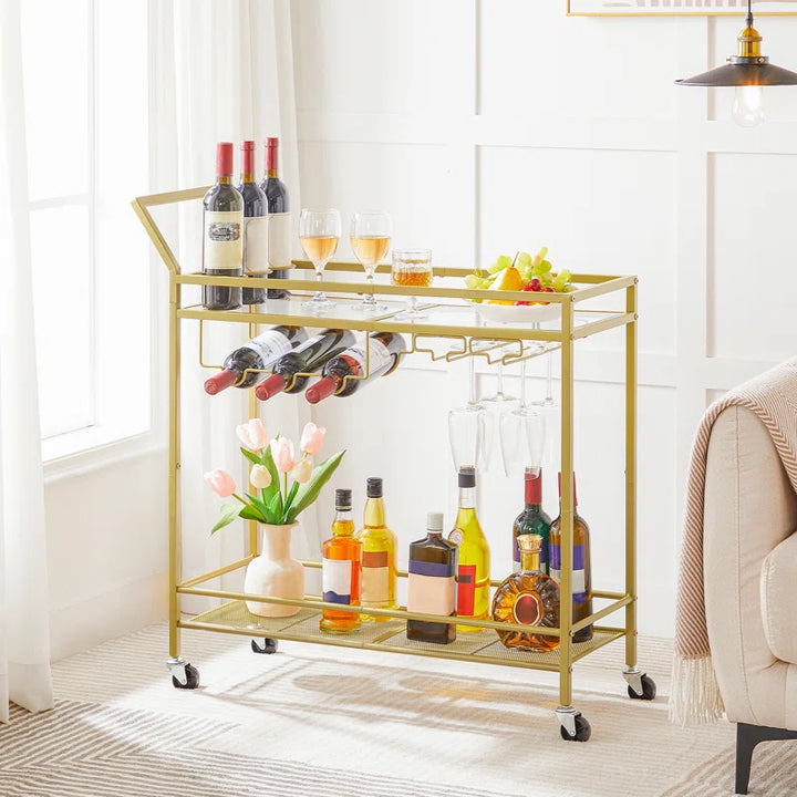 2-Tier Bar Cart Serving Cart Kitchen Cart with Wine Rack and Glass Holder